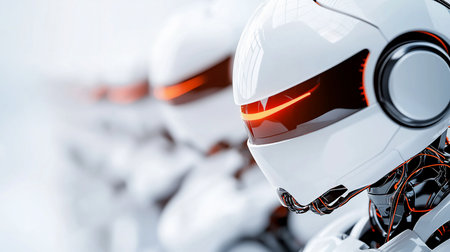 Close-up on a futuristic white android soldier with a glowing red visor. An army of identical robots stands in formation behind, blurred in a bright, minimalist environment.の素材