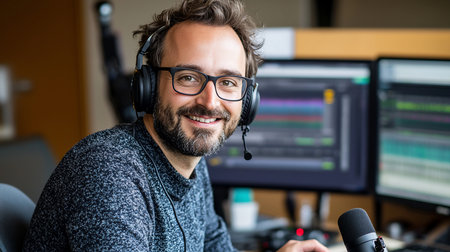 A charming bearded man with glasses smiles warmly at the camera from his recording studio, wearing a professional headset with a microphone.の素材