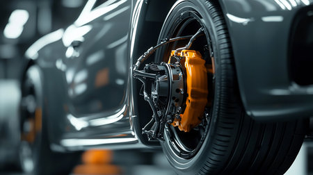 A close-up shot of a modern car's wheel and brake system. The focus is on the vibrant orange brake caliper, contrasted against the dark, sleek body.の素材