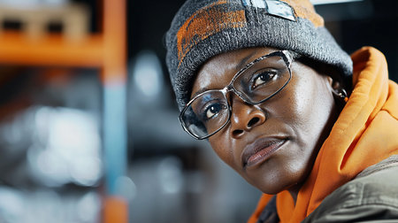 Authentic close-up of a focused African American woman in glasses and a beanie, her direct gaze conveying determination. Blurred industrial backdrop suggests a hands-on profession.の素材