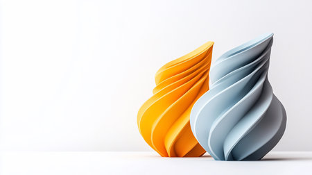 Two modern abstract sculptures, one vibrant orange and one cool blue, with elegant swirling forms, sit on a clean white surface with ample copy space. Minimalist design concept.の素材