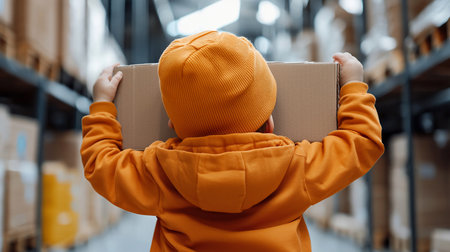 A young child in an orange hoodie and hat carries a cardboard box on their shoulders in a warehouse, viewed from behind, showcasing determination and teamwork.の素材