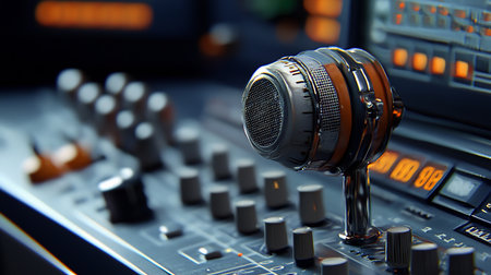 A close-up of a sleek, retro-futuristic microphone adorned with water droplets, resting on a blurred audio mixing console.の素材