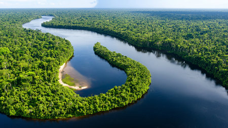 Aerial view of the Amazon River winding through dense, green rainforest. The river's dark waters contrast with the vibrant canopy, showcasing the ecosystem's vastness and beauty.の素材