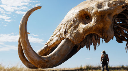 A lone adventurer in a sunlit savanna stands dwarfed by the colossal, weathered skull of an ancient, tusked beast, a relic of a forgotten, gigantic world.の素材