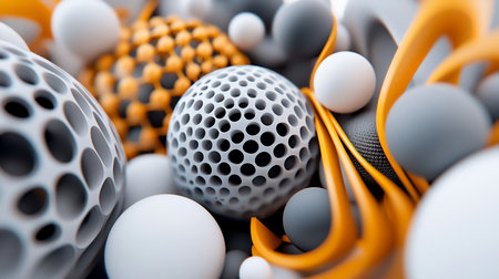 A vibrant, abstract 3D render showcasing a collection of spheres and geometric shapes.の素材