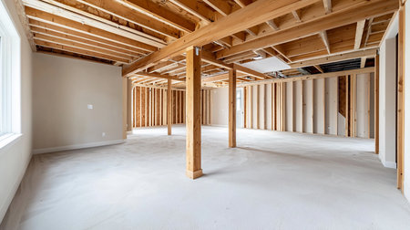 A spacious, unfinished basement interior showcases exposed wooden beams, framing, and a concrete floor.の素材