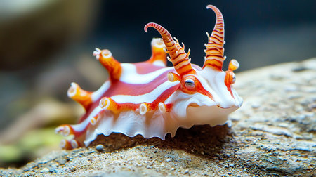 A vibrant red and white striped nudibranch crawls on the sandy seabed. This macro shot captures its intricate details, from ornate rhinophores to its seemingly smiling expression.の素材