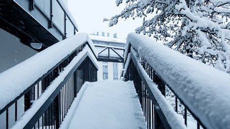 A pedestrian bridge is covered in thick snow, creating a minimalist winter scene. The black metal railings contrast with the white snow, leading to a building in the background.の素材