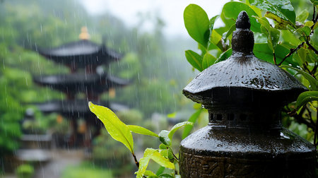 A tranquil downpour soaks a stone lantern and lush leaves in a serene Asian garden, with a traditional pagoda softly blurred in the misty, atmospheric background.の素材