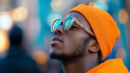 Close-up of a stylish young Black man wearing a vibrant orange beanie and cool wooden-framed sunglasses with reflective blue lenses, looking upwards against a blurred urban bokeh background.の素材