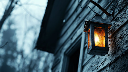 A solitary, rustic lantern with cracked glass casts a warm, inviting glow against the cold, blue twilight on a weathered, peeling wooden wall of an old cabin.の素材