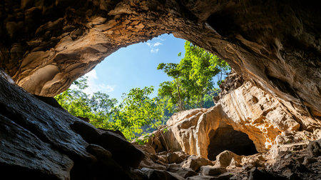 View from inside a rocky cave looking out towards a vibrant green forest canopy and a clear blue sky with scattered clouds.の素材