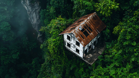 An eerie, abandoned white house with a rusted, dilapidated roof clings to a steep cliff face, enveloped by dense, vibrant green jungle foliage.の素材