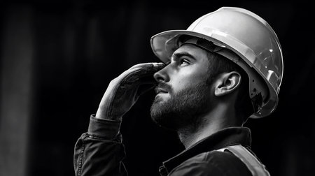 Close-up black and white portrait of a focused bearded man in a hard hat and work glove, shading his eyes while looking upwards.の素材