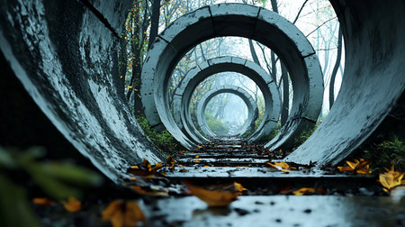 An abandoned, weathered concrete structure of repeating circles forms a surreal tunnel through a misty autumn wood. Fallen leaves litter the damp path, leading to a vanishing point.の素材