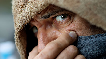 Close-up of a man's intense blue eye, peering from a textured brown hood. His hand holds a soft blue fabric over his face, conveying mystery and deep thought with sharp detail.の素材