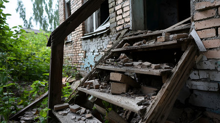 Detailed shot of a crumbling wooden staircase, laden with broken bricks, leading to a derelict brick building.の素材