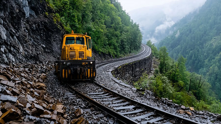 A vibrant yellow locomotive traverses a winding railway track carved into a steep, rocky mountainside, surrounded by dense, verdant forest and a soft, misty atmosphere.の素材