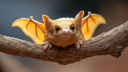 A charming, dragon-like lizard with yellow wings rests on a branch, its textured skin and endearing expression creating a whimsical, fantasy-inspired portrait.の素材