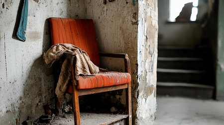 An old orange armchair, a relic of a past life, sits alone in a dusty, abandoned interior with severely peeling paint, bathed in melancholic, ambient light.の素材