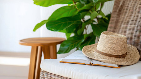 A tranquil scene depicts a straw hat resting on an open book, placed on a white cushion of a wicker chair. A wooden side table and vibrant green plant add to the serene ambiance.の素材