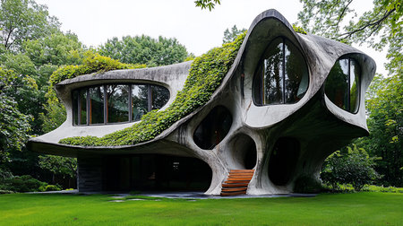 Unique concrete house with organic architecture, featuring rounded windows and vine-covered exterior, nestled in a lush green landscape. Modern design meets nature.の素材