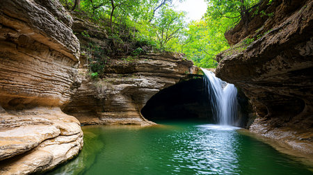 A long exposure captures a silky waterfall plunging into an emerald green pool within a secluded, layered sandstone canyon grotto, creating a tranquil and hidden natural oasis.の素材