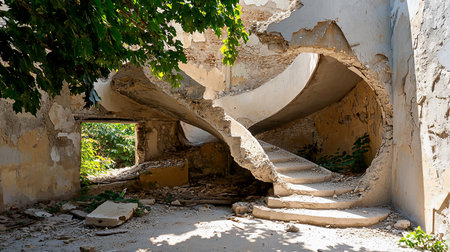 Bright sunlight streams into a derelict building, illuminating a crumbling spiral staircase. Peeling walls and debris show advanced decay, as nature reclaims the forgotten space.の素材