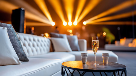 A champagne flute and glasses sit on a table in a modern lounge, bathed in golden light. The scene evokes luxury, celebration, and sophisticated relaxation.の素材
