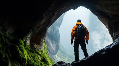 A lone hiker in an orange jacket stands silhouetted at a mossy cave mouth, gazing out at a vast, foggy mountain landscape.の素材