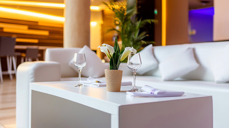 A serene lounge setting features a white table adorned with calla lilies in a woven pot, two wine glasses, and folded napkins.の素材