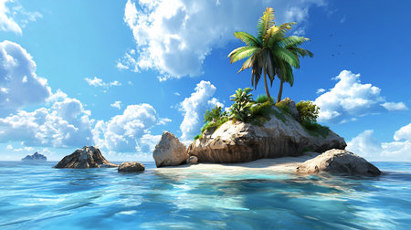 A serene tropical island scene with clear turquoise water, a rocky island topped with palm trees and lush vegetation, under a bright blue sky dotted with fluffy white clouds.の素材
