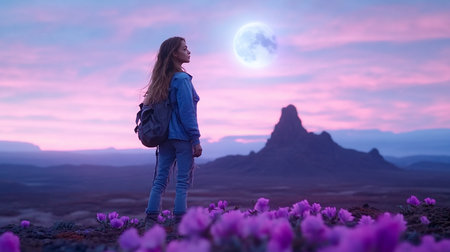 A young woman with a backpack stands on a hill covered in purple flowers, looking at the moon over a distant mountain range under a pink and purple sky.の素材