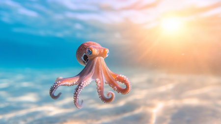 A charming juvenile octopus, with striking blue eyes and delicate tentacles, drifts gracefully in clear, sun-dappled turquoise ocean water, showcasing its unique beauty.の素材