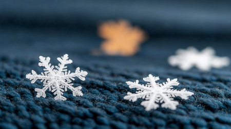 Macro shot of intricate snowflakes resting on a textured blue knitted fabric. Soft focus background with blurred shapes. Captures the beauty and fragility of winter. Excellent detail and color.の素材