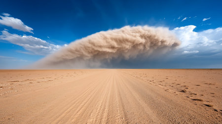 A dirt road stretches into the distance of a vast, arid Namibian landscape, threatened by a massive dust storm cloud formation under a partly cloudy blue sky.の素材