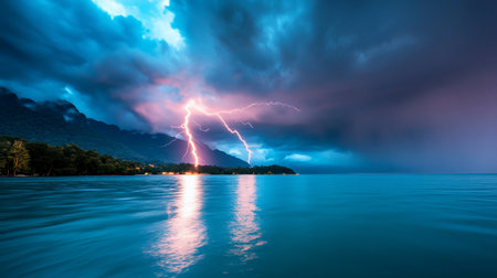 A powerful lightning storm illuminates the sky over a tranquil ocean, reflecting vibrant pink and white light on the water's surface, near a forested coastline at twilight.の素材