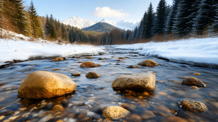 A low-angle, long-exposure view of a clear mountain river in winter. Silky water flows around sun-kissed boulders, with snowy banks, a pine forest, and majestic peaks behind.の素材