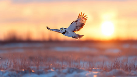 A magnificent snowy owl glides gracefully across a vibrant sunset, its wings catching the warm light over a snow-dusted landscape.の素材
