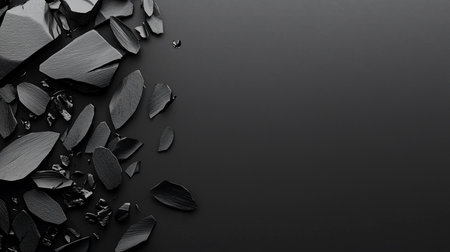 A dramatic, minimalist composition of shattered black fragments with a distinct linear texture, scattered on a dark grey surface, leaving ample copy space. Abstract and somber.の素材