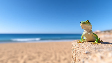 A striking green lizard with detailed scales sits alertly on a textured stone wall, with a blurred beach and tranquil blue ocean stretching to the horizon under a clear sky.の素材