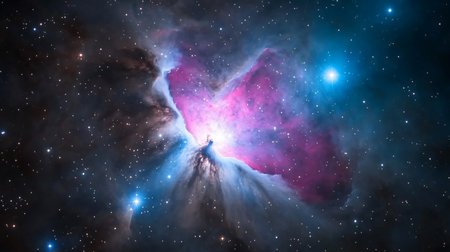 Breathtaking Orion Nebula, a vibrant cosmic cloud of pink, blue, and purple gas swirling around a bright stellar core. A stunning deep-space image capturing ethereal beauty and star formation.の素材
