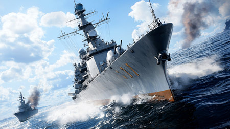 A powerful modern destroyer, viewed from a dramatic low, tilted angle, slices through choppy blue seas as smoke rises from a companion ship during a naval engagement.の素材