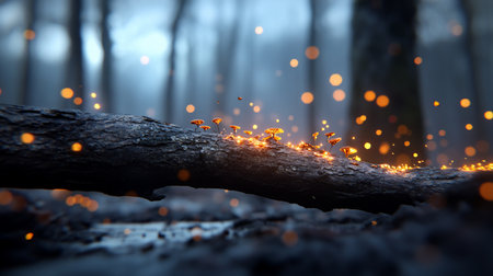 Magical, tiny bioluminescent mushrooms glow on a dark log in a misty blue forest, surrounded by enchanting golden bokeh lights. A serene, fantasy-like nature scene.の素材