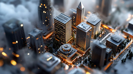 An intricate miniature city model glows with warm, golden lights at night. The tilt-shift perspective and shallow depth of field create a dreamy, magical diorama of urban life.の素材