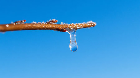 A close-up view of a branch with frost crystals, featuring a perfectly formed water droplet about to fall, set against a vibrant blue sky.の素材