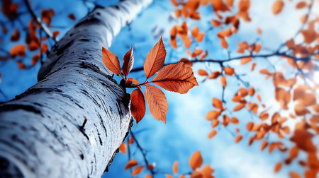 A low-angle, selective focus shot captures a sprig of fiery orange autumn leaves on a white birch trunk, set against a vibrant, out-of-focus blue sky and foliage.の素材