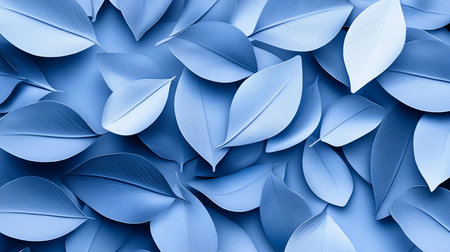 A serene, full-frame composition of overlapping, sculptural leaves rendered in a sophisticated monochromatic blue palette. Soft light creates subtle depth and highlights fine veins.の素材