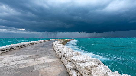 A dramatic scene unfolds as dark, ominous storm clouds gather over a vibrant turquoise sea, with rain visible in the distance.の素材